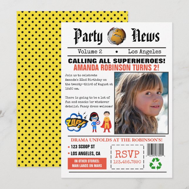 Geburtstagsparty der Zeitung Superhero Einladung (Vorne/Hinten)