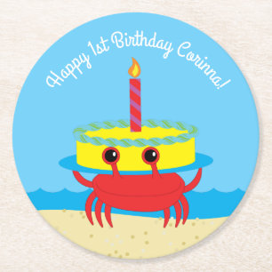 Geburtstagsparty des niedlichen Crab Beach Kid Runder Pappuntersetzer