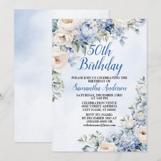 Geburtstagsparty Dusty Blue Watercolor Elfenbeinfa Einladung