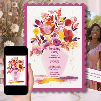 Geburtstagsparty Einladung Aquarell Blume Vase