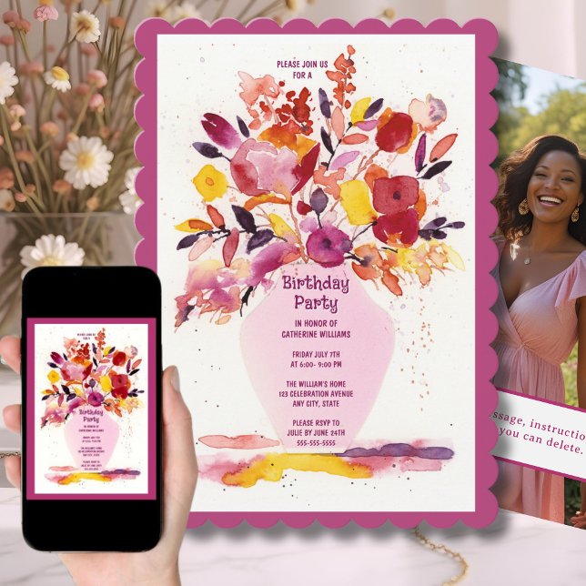Geburtstagsparty Einladung Aquarell Blume Vase (Von Creator hochgeladen)
