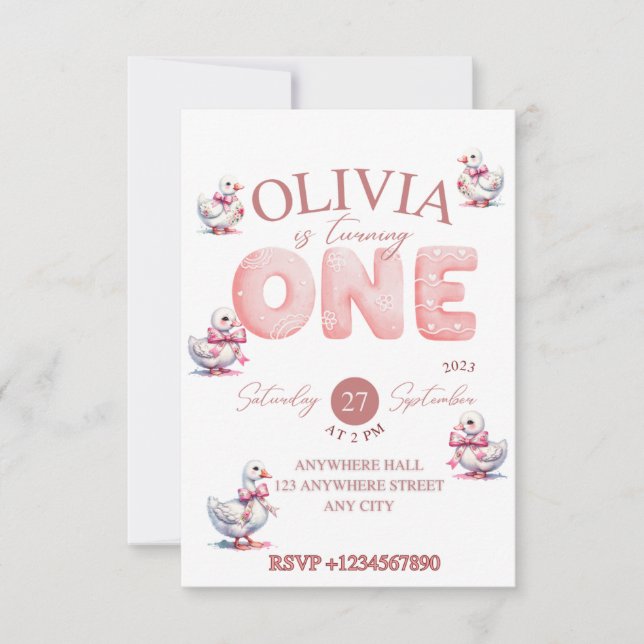 Geburtstagsparty Einladung Mädchen eins, Gänse, Ro (Vorderseite)