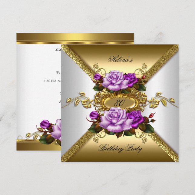 Geburtstagsparty Elegante Rose Lila Gold Einladung (Vorne/Hinten)