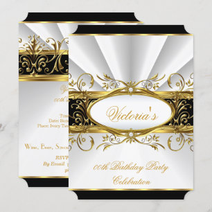 Geburtstagsparty Elegante White Gold Floral Black  Einladung