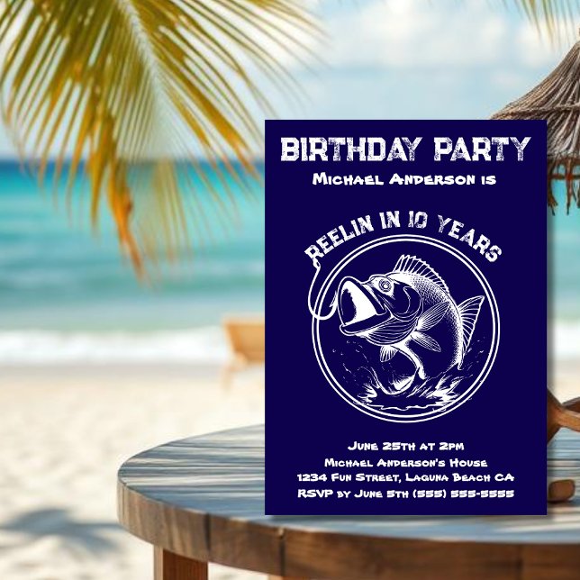 Geburtstagsparty-Fisch Einladung (Birthday Invitation, Fish, Fisherman Core Party, Blue and White, Birthday Invitation for Him, Summer)