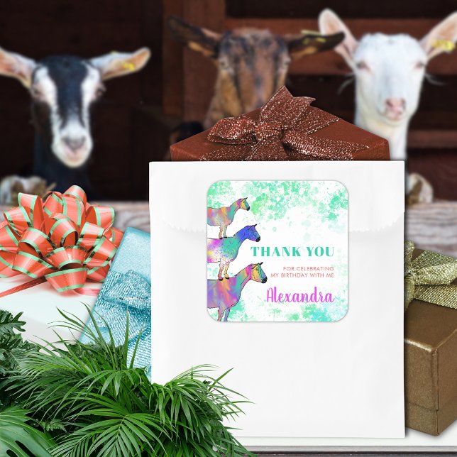 Geburtstagsparty für Ziegen Quadratischer Aufkleber (Cute goats farm animal watercolor custom birthday party thank you favor sticker colorful animal art)