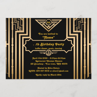 Geburtstagsparty, Gatsby Stil, Art-Deko, gold&blac Einladung