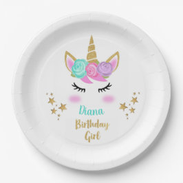 Geburtstagsparty Girl Plate mit Unicorn & Name Pappteller