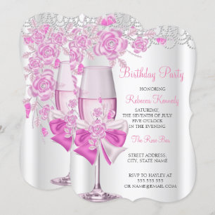 Geburtstagsparty Hübsch Pink Rose Champagne Einladung