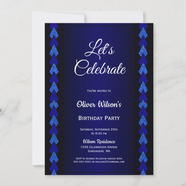 Geburtstagsparty in Schwarz und Blau Einladung (Vorderseite)
