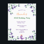 Geburtstagsparty lila Blumen bläulich weiß Einladungspostkarte<br><div class="desc">Eine schlichte und elegante Einladung für ein mädchenhaftes 40. Party. Vorne ein eleganter weißer Hintergrund mit violetter, lila Bluebell-Blume und einem kleinen Gesangsvogel. Vorlagen für einen Namen und Party Details. Der Name ist mit einem modernen handgeschriebenen Stilskript geschrieben. Text in violett, grün eine goldene Farbe. Ideal für ein Party im...</div>