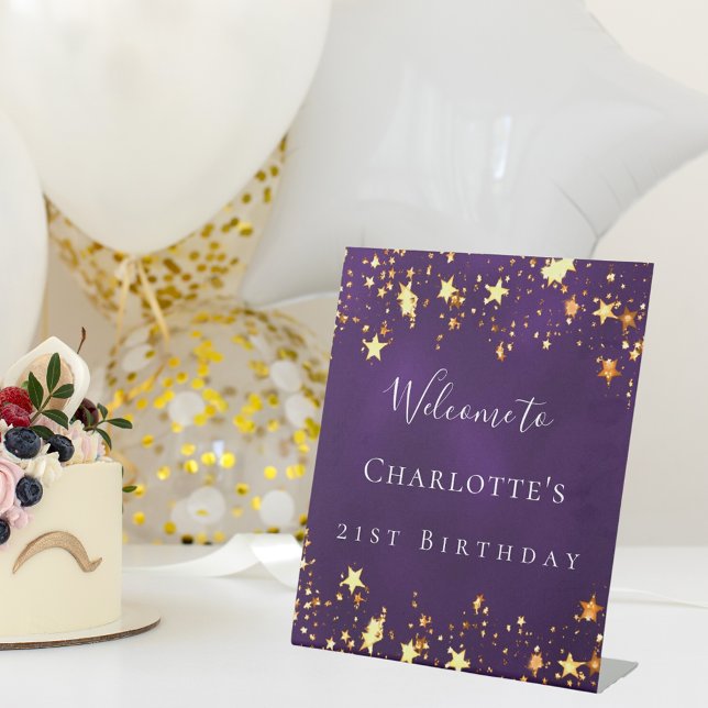Geburtstagsparty lila Goldstars willkommen Sockelschild (Von Creator hochgeladen)