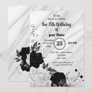 Geburtstagsparty mit Blumen in Schwarz und Weiß Einladung