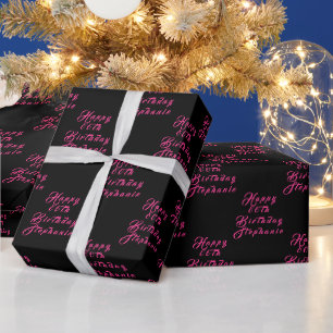Geburtstagsparty Name Black Pink Modernes Muster Geschenkpapier
