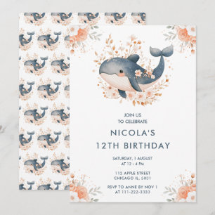 Geburtstagsparty niedlich Floral Whale Einladung
