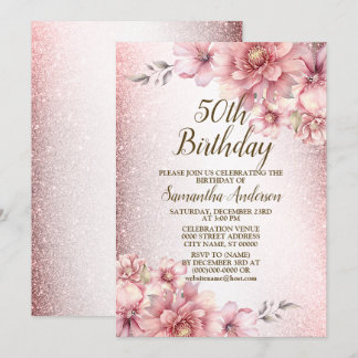 Geburtstagsparty Pink Wasserfarbe Blume Glitzer Einladung