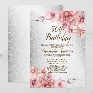 Geburtstagsparty Pink Wasserfarbe Blume Glitzer Einladung