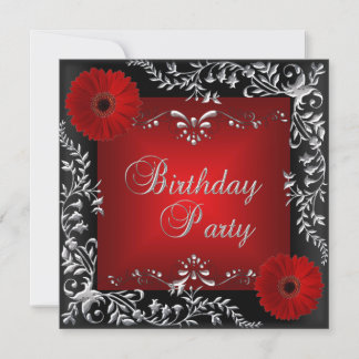 Geburtstagsparty Red Silver Floral Black Einladung