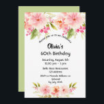 Geburtstagsparty Rosa Blumengrün Einladung<br><div class="desc">Eine elegante Einladungskarte für eine 60. Geburtstagsfeier. Mit zeitgenössischen rosa,  pfirsichfarbenen und korallenfarbenen Dahlia-Blume als Dekoration. Ein hellgrüner Hintergrund auf der Rückseite. Der Name wird mit einem schwarzen handgeschriebenen Stilskript geschrieben.</div>