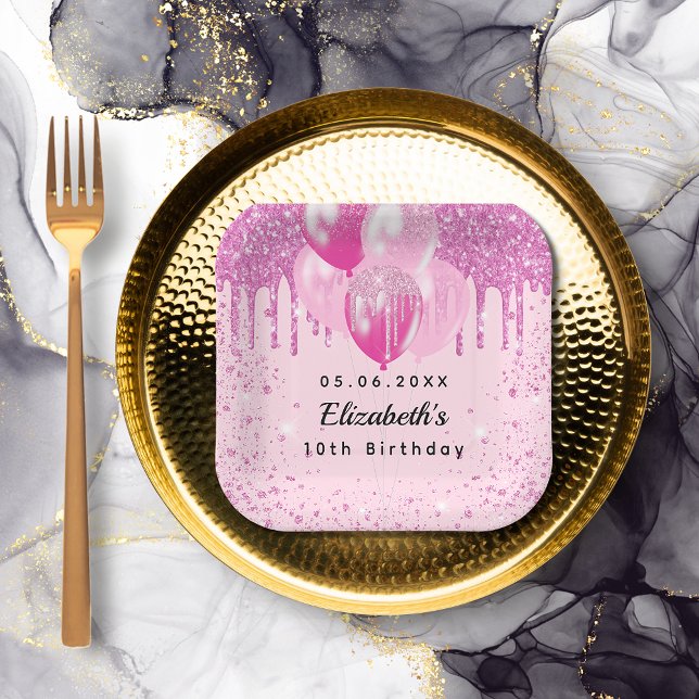 Geburtstagsparty Rosa Glitzer Ballons Mädchen Pappteller (Von Creator hochgeladen)