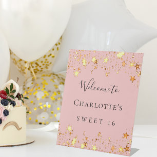 Geburtstagsparty Rosa goldene Sterne Willkommen Sockelschild