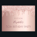Geburtstagsparty Rose Gold Glitzer Tropfen Poster<br><div class="desc">Für eine mädchenhafte und glamouröse 50. Geburtstagsfeier (oder jedes Alter). Eine Rose gold metallischer Hintergrund mit Glitzer-Tropfen,  Farbe tropfend aussehen. Personalisieren und fügen Sie einen Namen und Alter 50. Der Name ist in dunklem Rose Gold mit einem modernen handgeschriebenen Stil geschrieben.</div>
