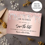 Geburtstagsparty Rose Gold Save the Date Silberkar<br><div class="desc">Eine elegante Save the Date-Karte für eine 40. Geburtstagsfeier (oder jedes Alter). Eine Rose goldener Farbverlauf mit Rose Gold und Imitate silberne Glitzer Tropfen,  Farbe Tropflook verziert. Personalisieren und fügen Sie ein Datum und Name/Alter 40. Der Text: Save the Date ist mit einem großen angesagten,  handgeschriebenen Stilskript geschrieben.</div>