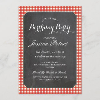 Geburtstagsparty Roter Karo Rustikale Chalk Einlad Einladung