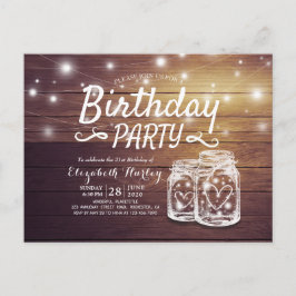 Geburtstagsparty Rustic Wood Mason Jar String Ligh Einladungspostkarte