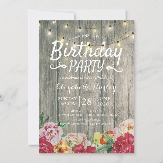 Geburtstagsparty Rustikale Blume & Streichelleucht Einladung (Vorderseite)