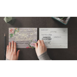 Geburtstagsparty Save the Date Blume Wood Lights Einladungspostkarte