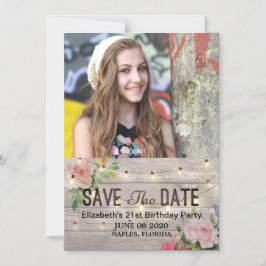 Geburtstagsparty Save the Date Blume Wood Lights Magneteinladung