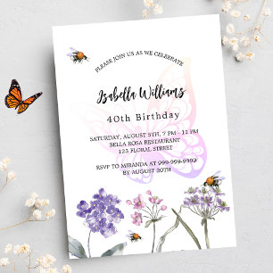 Geburtstagsparty Schmetterling Violett Wildblumen  Einladung