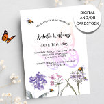 Geburtstagsparty Schmetterling violette Wildblumen Einladung<br><div class="desc">Ein weißer Hintergrund auf der Vorderseite. Mit Bienen dekoriert,  Wildblumen in Violett und Rosa bemalt und ein großer Schmetterling. Personalisieren und fügen Sie einen Namen und Party-Details hinzu. Zurück: violetter Hintergrund.</div>