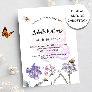 Geburtstagsparty Schmetterling violette Wildblumen Einladung