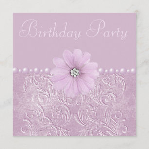 Geburtstagsparty Vintag Lilac Blume & Perlen Einladung