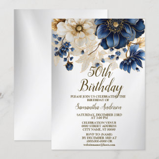 Geburtstagsparty Watercolor Navy Blue White Blume Einladung