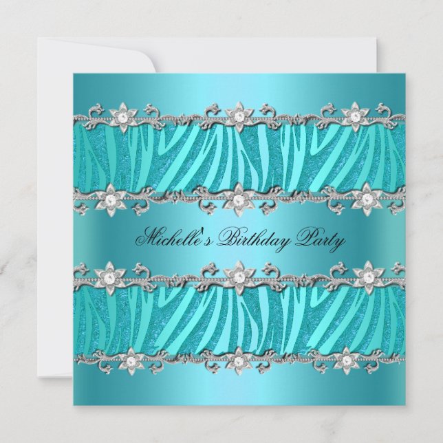 Geburtstagsparty Wild Aquamarin Zebra Diamond Einladung (Vorderseite)