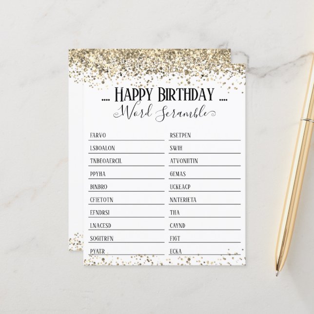 Geburtstagsparty Word Scramble Game (Vorderseite/Rückseite Beispiel)
