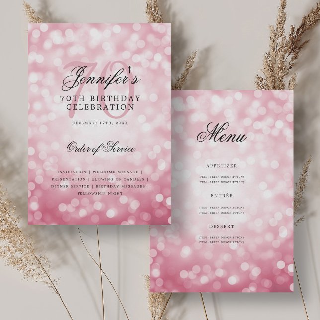 Geburtstagsprogramm Blush Pink Bokeh Menü Einladung (70th Birthday Program Blush Pink Bokeh Menu)