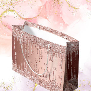 Geburtstagsrose Goldglitter-Tropfen rosa Monogramm Große Geschenktüte