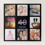 Geburtstagsschwarze Foto-Collage<br><div class="desc">Ein Geschenk für den 40. Geburtstag einer Frau, die ihr Leben mit einer Collage von 8 deiner Fotos feiert. Vorlagen für einen Namen, Alter 40 und Datum. Geburtsdatum oder das Datum des Jahrestages. Lila und weiße Buchstaben. Chic schwarze Hintergrundfarbe.</div>