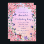 Geburtstagstee Party Einladung Pink Violett<br><div class="desc">Eine geschmackvolle Geburtstagsfeier für ein 60. Geburtstag Tee Party oder Garten,  Garten im Garten Party. Vorlagen für Ihre Informationen. Ein romantischer violetter,  rosa und pfirsichfarbener Hintergrund,  lila Buchstaben. Mit hübschen blauen,  violetten,  wasserfarbenen Bluebells und rosafarbenen Pfannkuchen und Rose,  einer rosa Teekanne und einer lila Teetasse.</div>