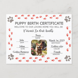 Geburtsurkunde für Puppy Feiertagspostkarte
