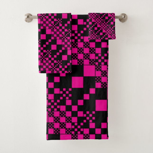 Gecheckt, Karo - Magenta und Schwarz Badhandtuch Set (Insitu)
