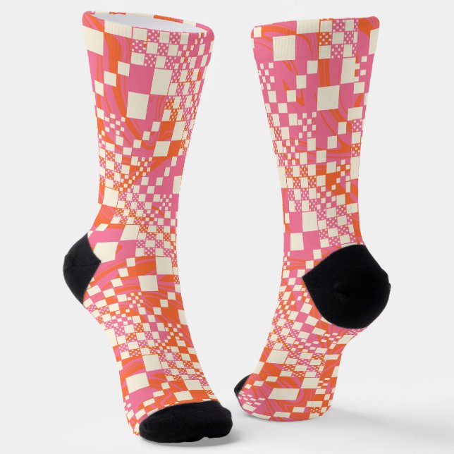 Gecheckt, Karos - Rosa, Orange und Creme Socken (Gewinkelt)