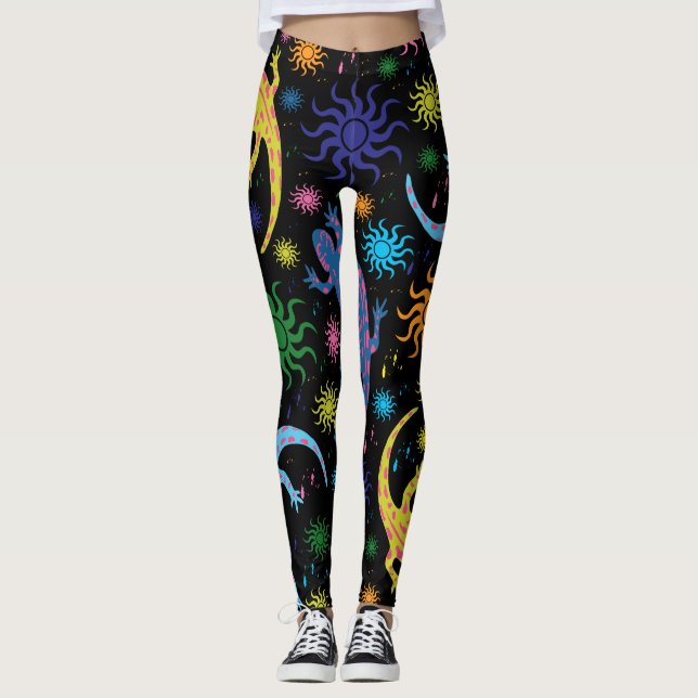 Gecko-Eidechsen mehrfarbig ganz über Druck Leggings (Vorderseite)