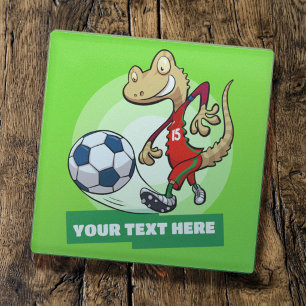 Gecko-Fußballspieler Individueller Text Cartoon-Ch Glasuntersetzer