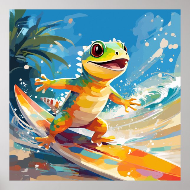 Gecko surfen und die Wellen reiten Poster (Vorne)