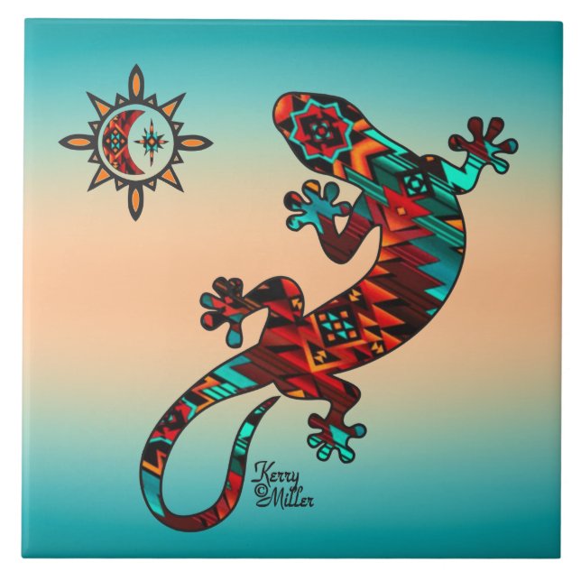 Gecko und Sun Keramik Tile Fliese (Vorderseite)